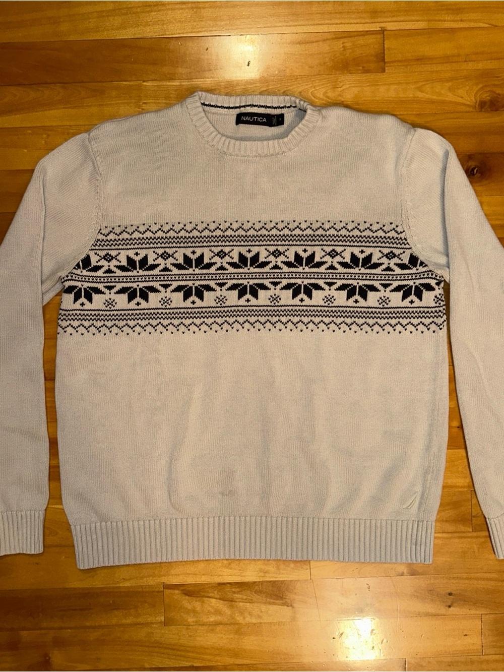 Nautica Mens M Fair Isle Sweater Gray Black 100% Cotton Nordic Crewneck